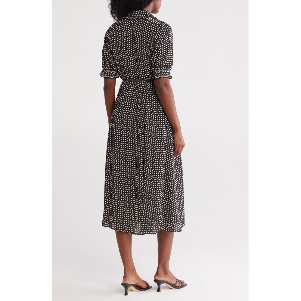 Max Studio Womens Puff Sleeve Chiffon Midi belted Shirtdress, Black Beige Size M - Picture 2 of 13